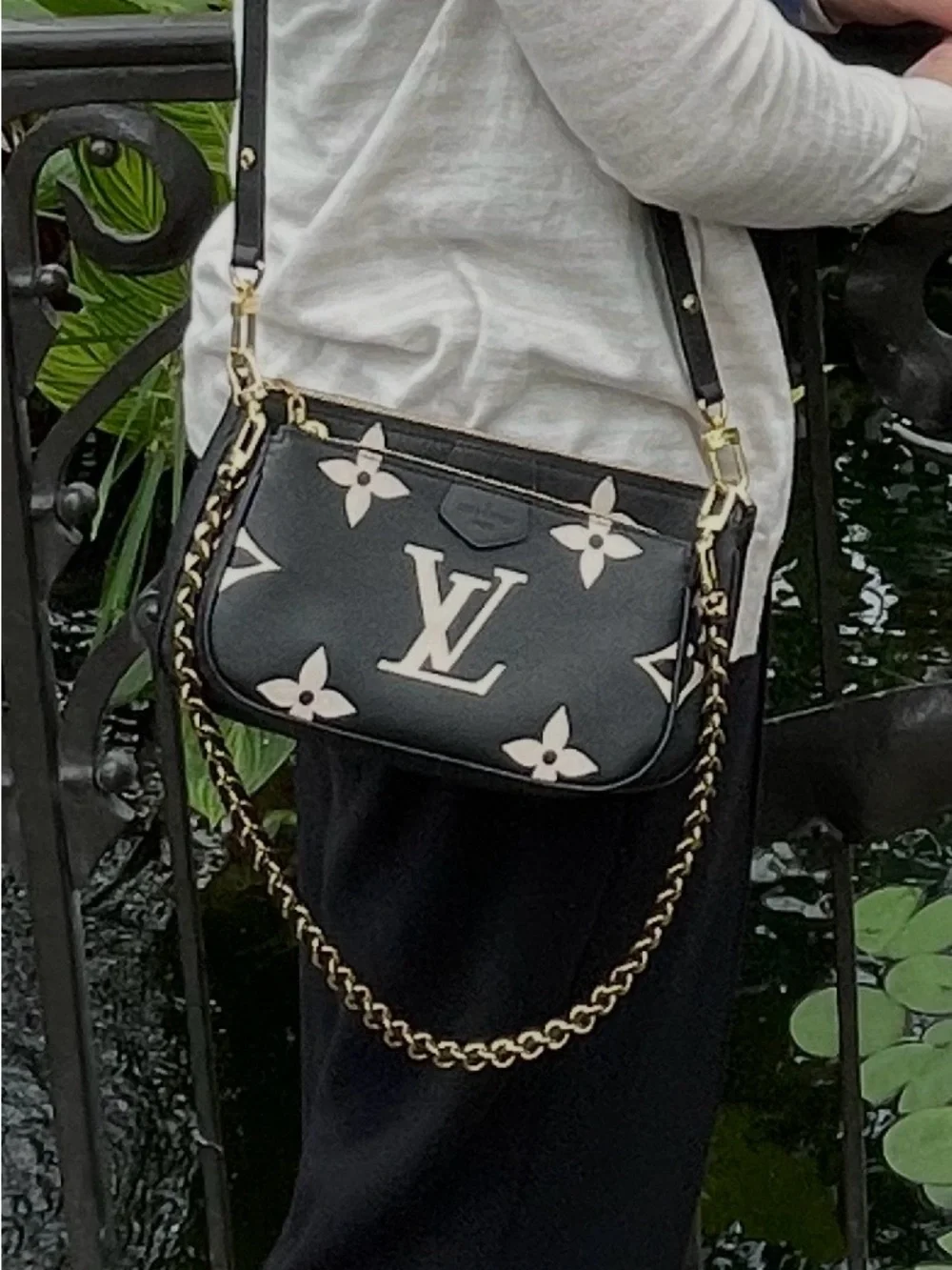 Louis Vuitton Black and Cream Monogram Crossbody Bag with Gold Chain